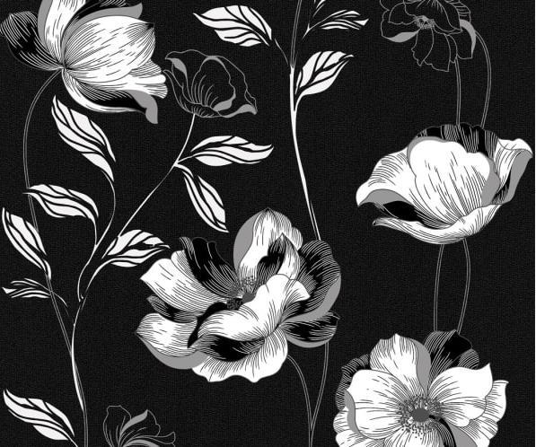 Шпалери паперові. КОНТИНЕНТ Єсенія, білі квіти срібло чорний фон 0.53*10м сер. 1272 (п)