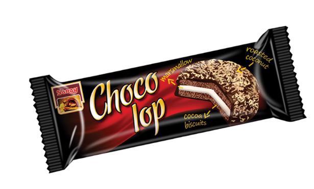 Печиво-сендвіч SARAY Choco Lop з какао з маршмелоу в шоколад. глазурі з кокос. стружкою 50г