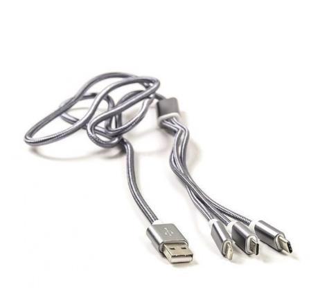 Кабель USB POWERPLANT 2.1A 3в1 USB AM Type-C/Lightning/Micro 1.2м Gray