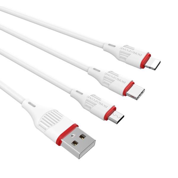 Кабель USB BOROFONE BX17 3-in-1 IP+Micro+Type-C 1m White