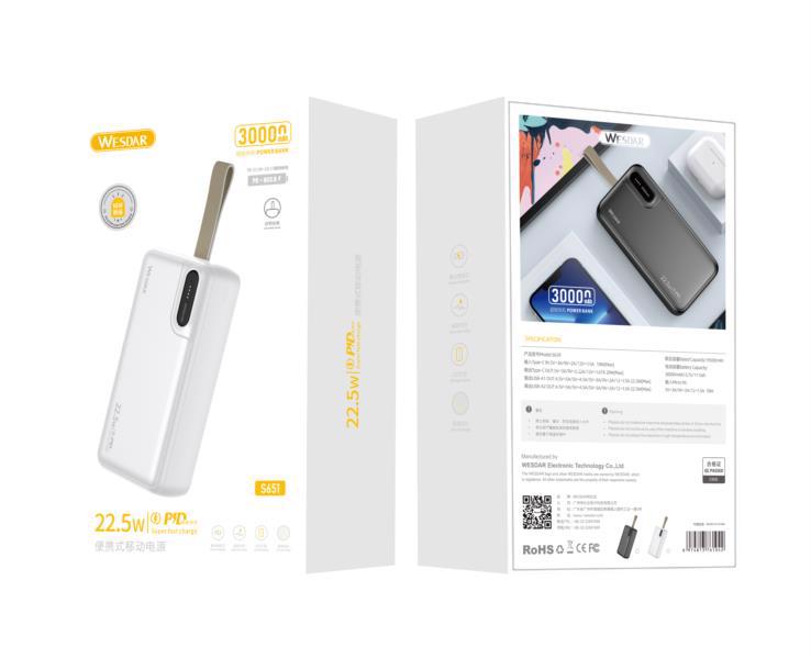 Акумулятор мобільний WESDAR S651 30000mAh White