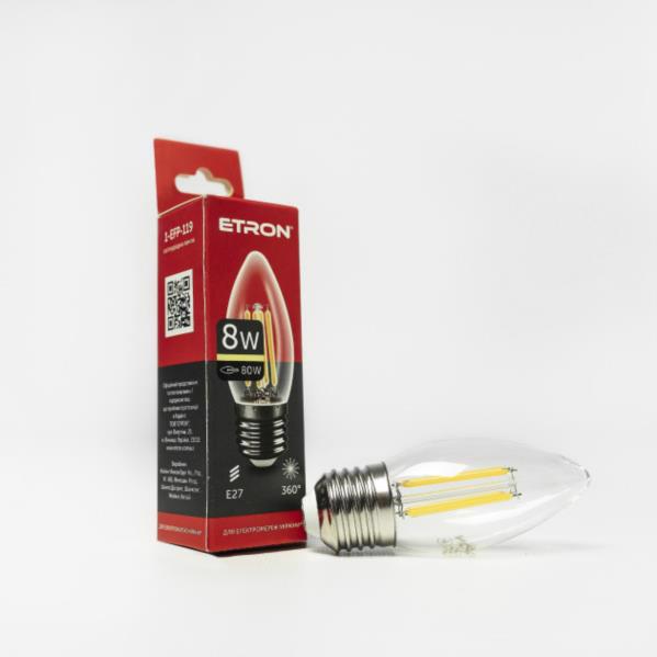 Лампа диод. C37 8W 3000K E27 ETRON Filament