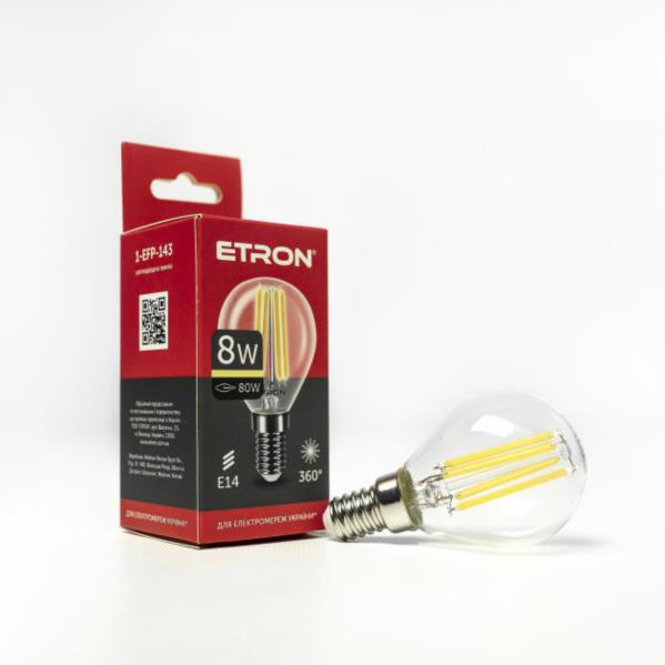 Лампа діод. G45 8W 3000K E14 ETRON Filament