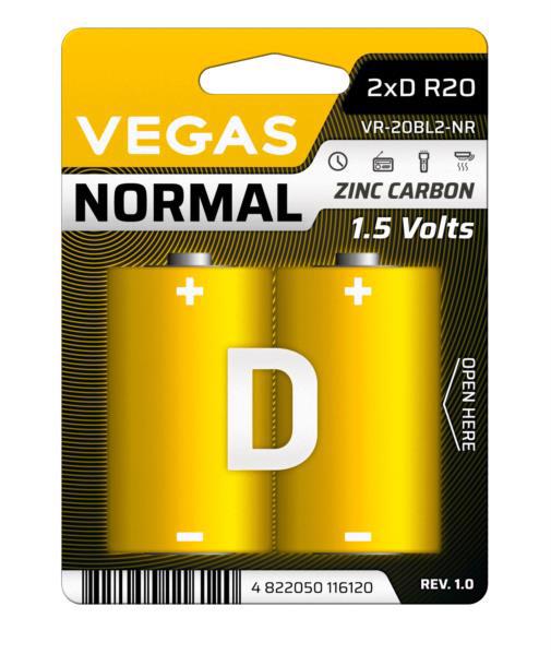 Батарейка VEGAS Normal R20 D (2шт блістер)